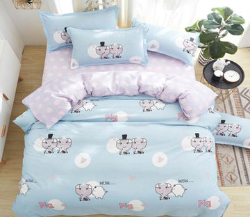 3D Gray Pig Light Blue Bottom 5104 Bed Pillowcases Quilt