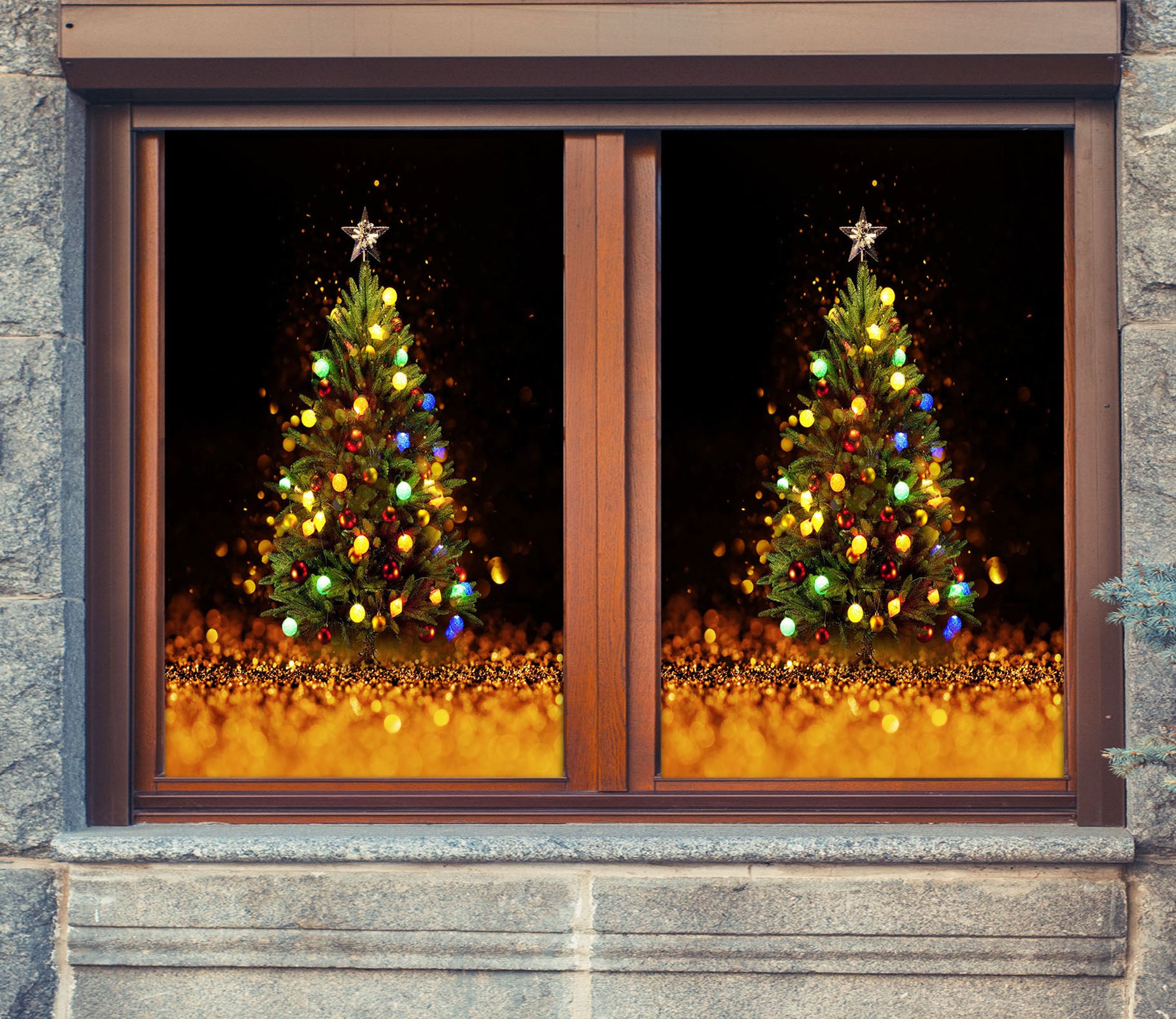 3D Christmas Tree Light 43100 Christmas Window Film Print Sticker Cling Stained Glass Xmas