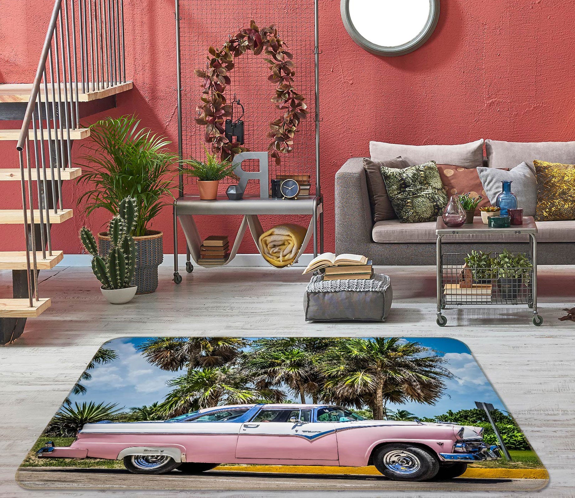 3D Coconut Tree Pink Car 67227 Vehicle Non Slip Rug Mat