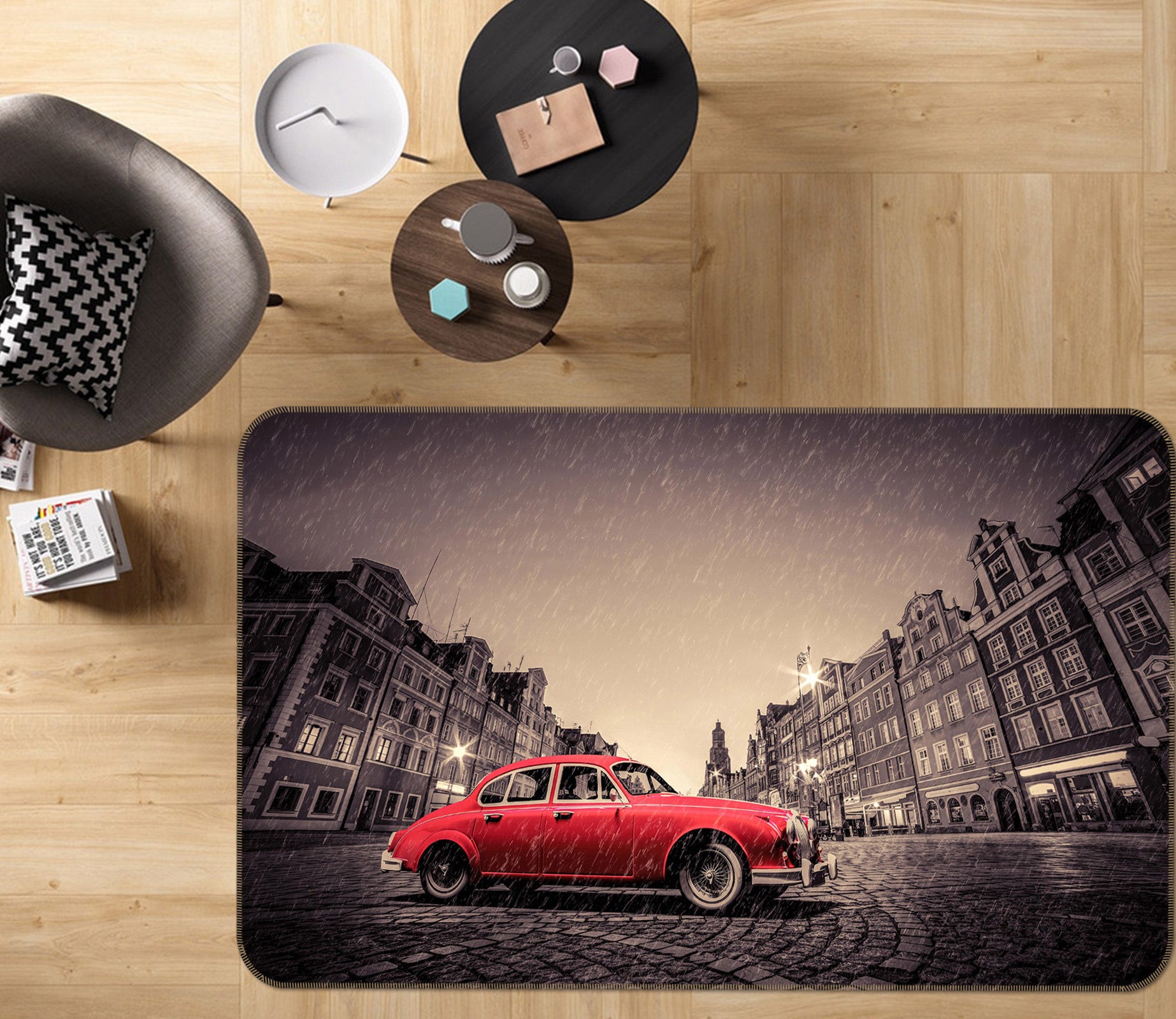 3D Building Construction Red Car 67211 Vehicle Non Slip Rug Mat