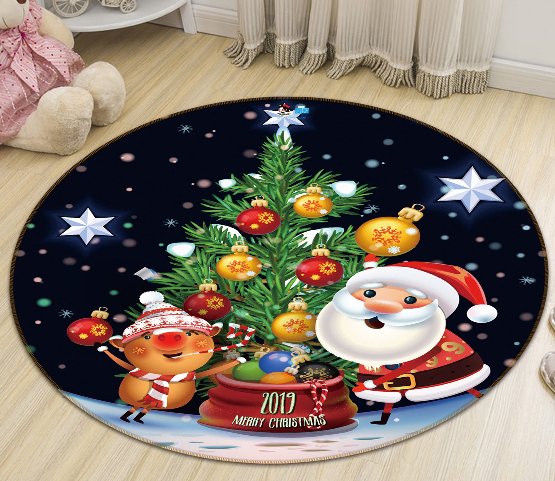 3D Tree Santa Deer 54180 Christmas Round Non Slip Rug Mat Xmas