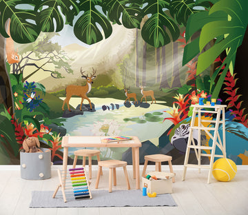 3D Cartoon Deer Parrot 266 Wall Murals