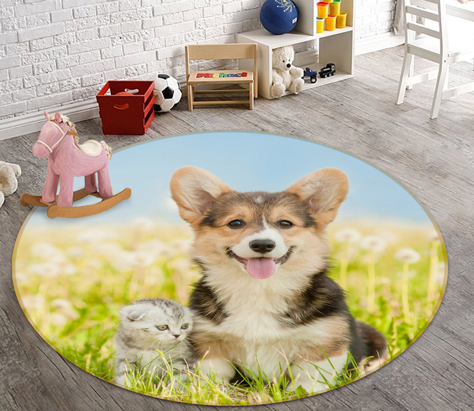 3D Grassland Puppy Kitten 29038 Round Non Slip Rug Mat