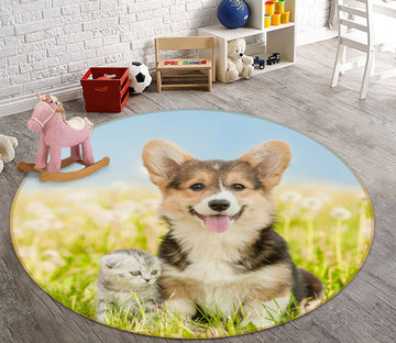3D Grassland Puppy Kitten 29038 Round Non Slip Rug Mat