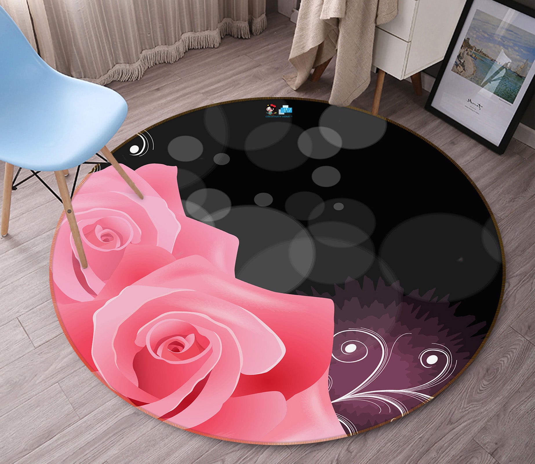 3D Pink Flower 74061 Round Non Slip Rug Mat