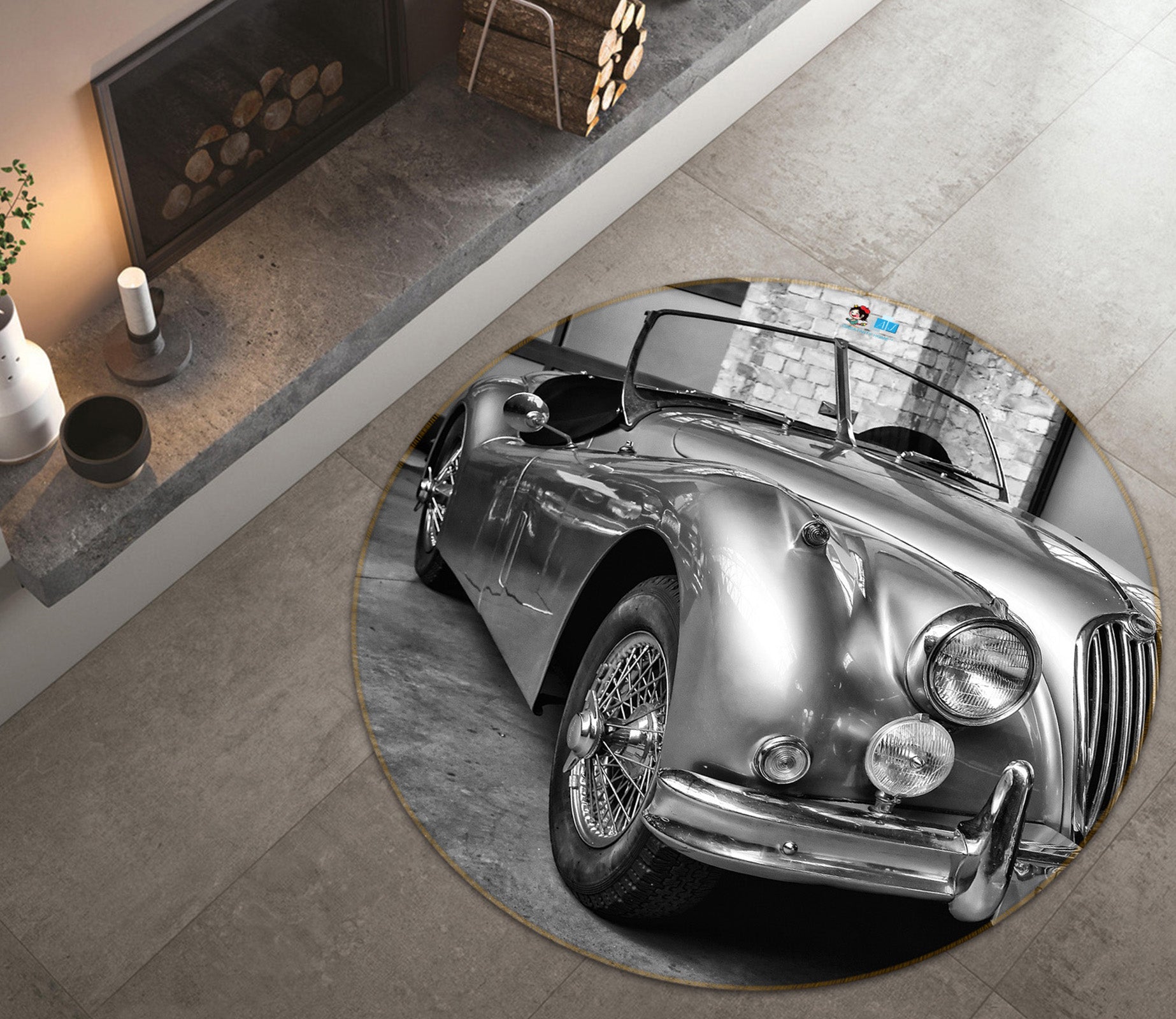 3D Black White Car 74141 Round Non Slip Rug Mat