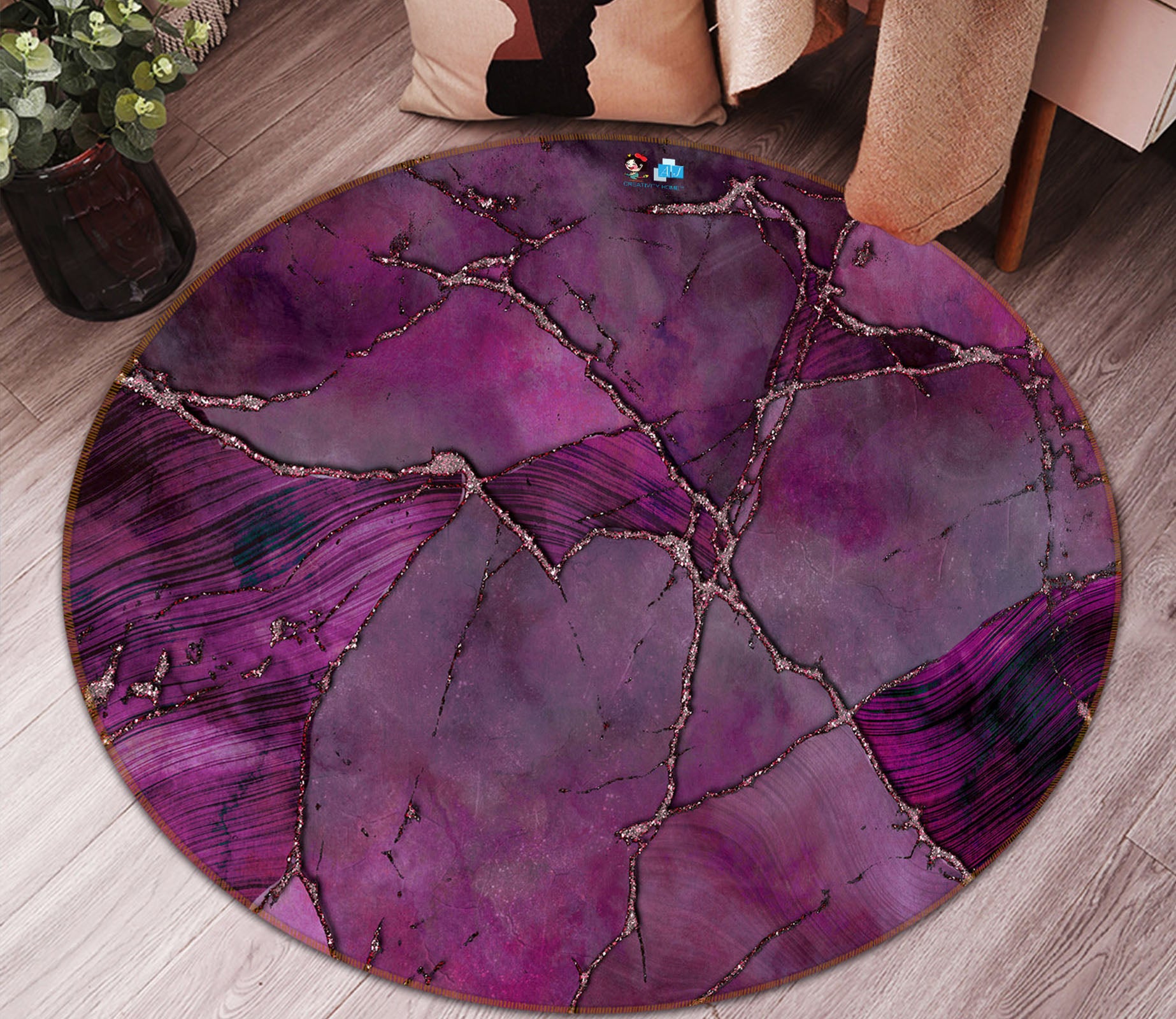 3D Purple Block 83075 Andrea haase Rug Round Non Slip Rug Mat