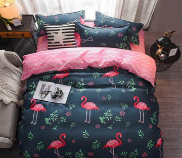 3D Green Leaf Flamingo 7103 Bed Pillowcases Quilt