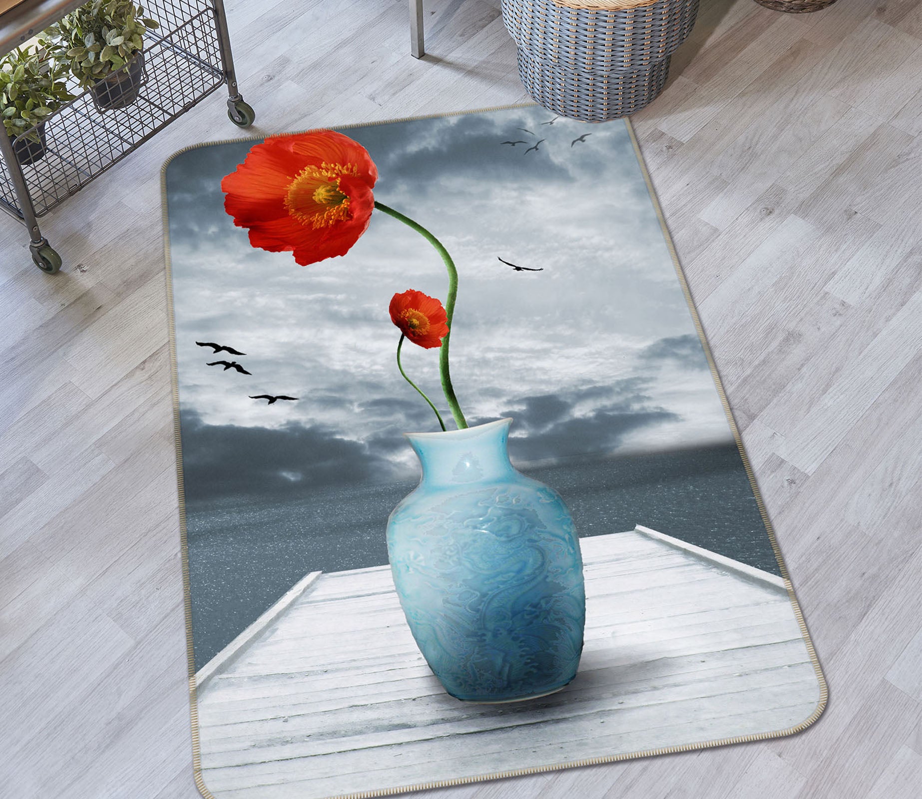 3D Red Flower Vase 33206 Non Slip Rug Mat