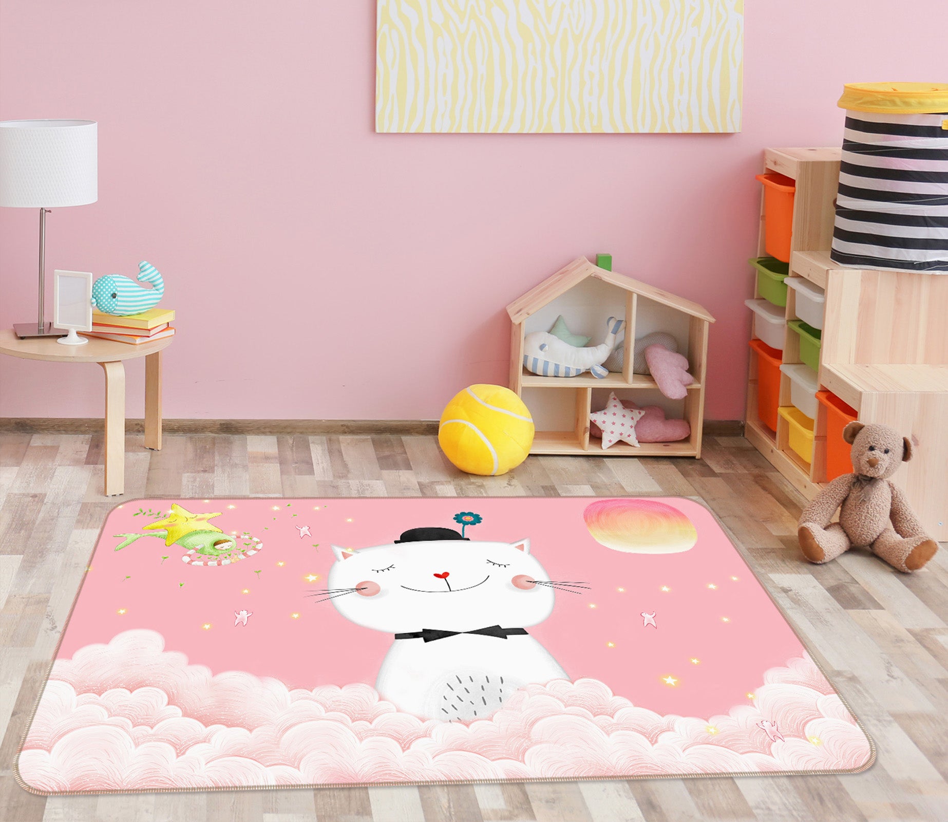 3D Cat Pink Cloud 34037 Non Slip Rug Mat