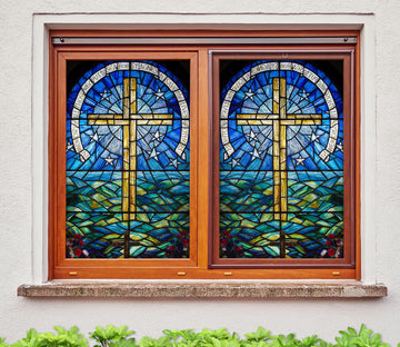 3D Christian Cross 151 Window Film Print Sticker Cling Stained Glass UV Block