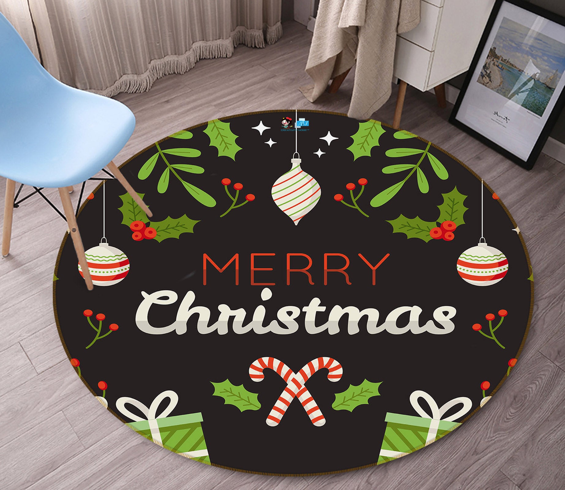 3D Branches Leaves 75129 Round Non Slip Rug Mat