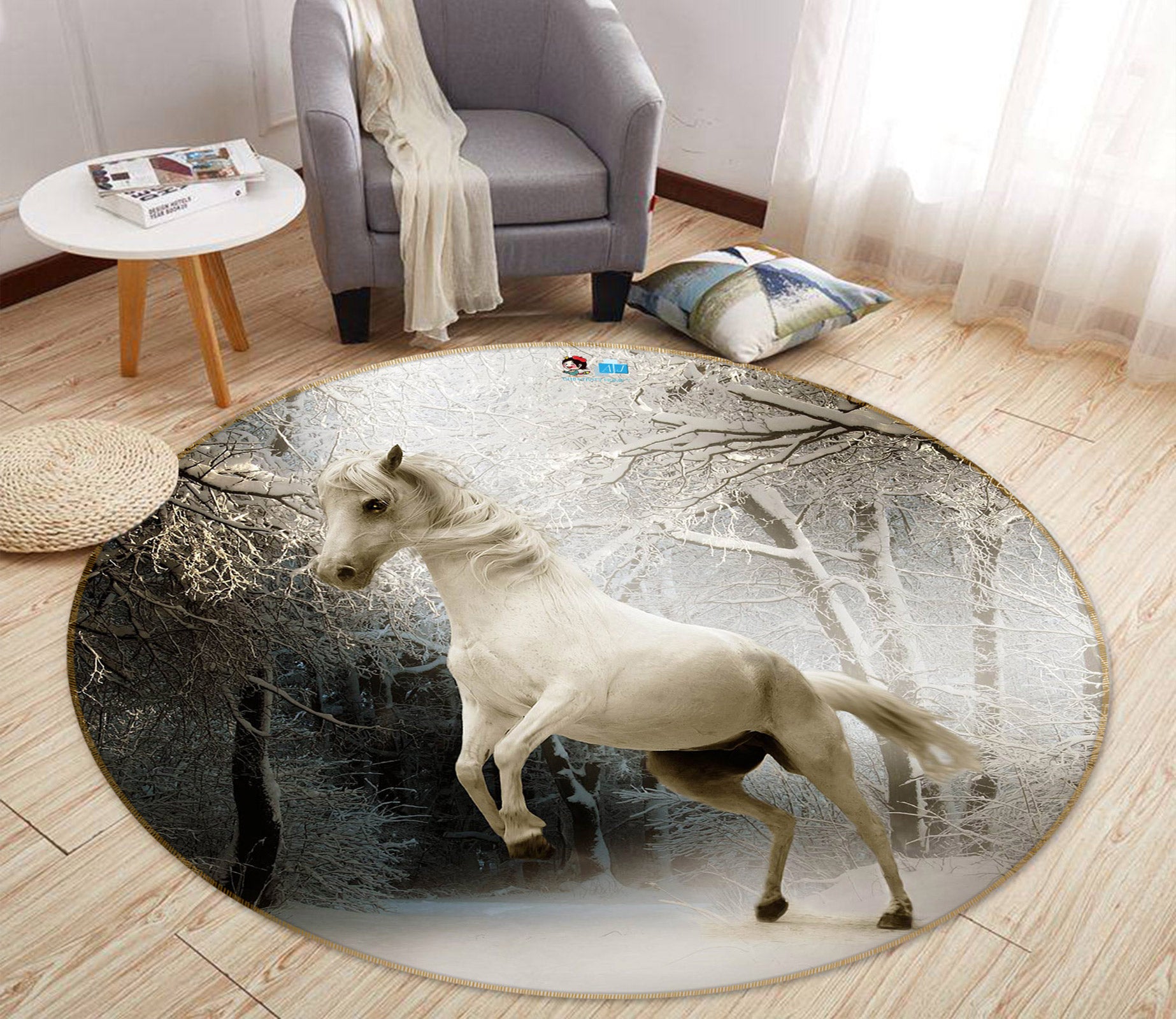3D Snowfield White Horse 72298 Round Non Slip Rug Mat