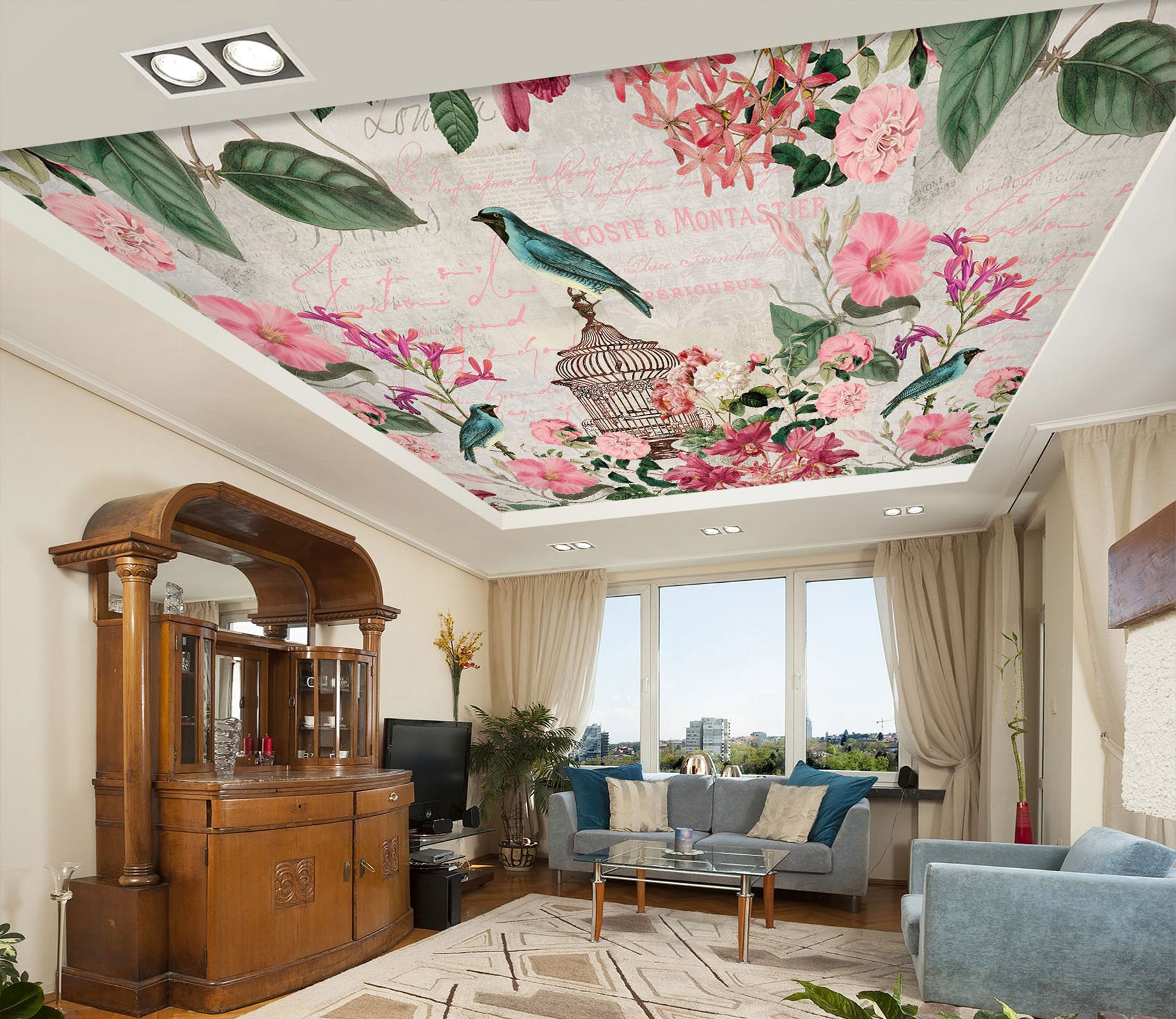 3D Pink Flower Bird 962 Andrea Haase Ceiling Wallpaper Murals