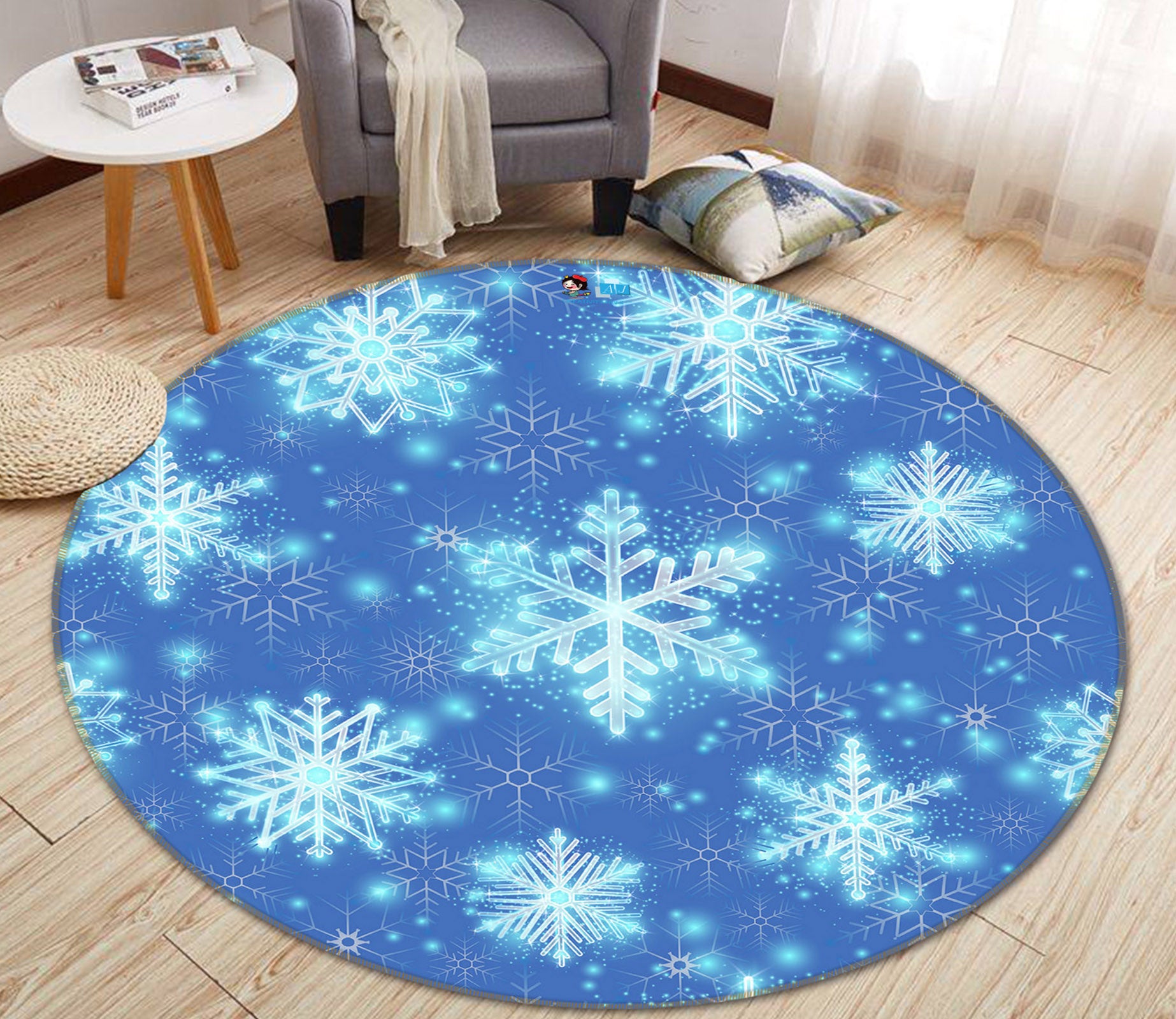 3D Blue Snowflakes 54111 Christmas Round Non Slip Rug Mat Xmas