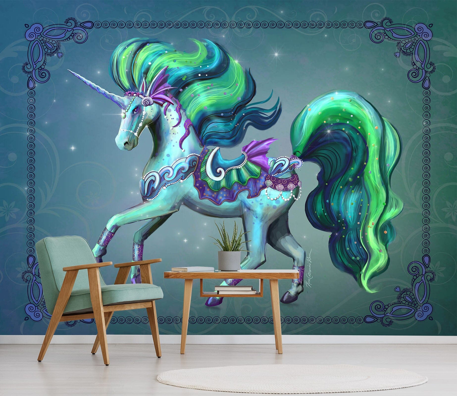 3D Green Unicorn 1415 Rose Catherine Khan Wall Mural Wall Murals Wallpaper AJ Wallpaper 2 