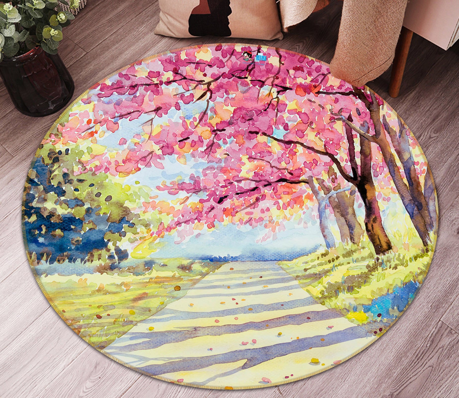 3D Cherry Blossom Path 81063 Round Non Slip Rug Mat