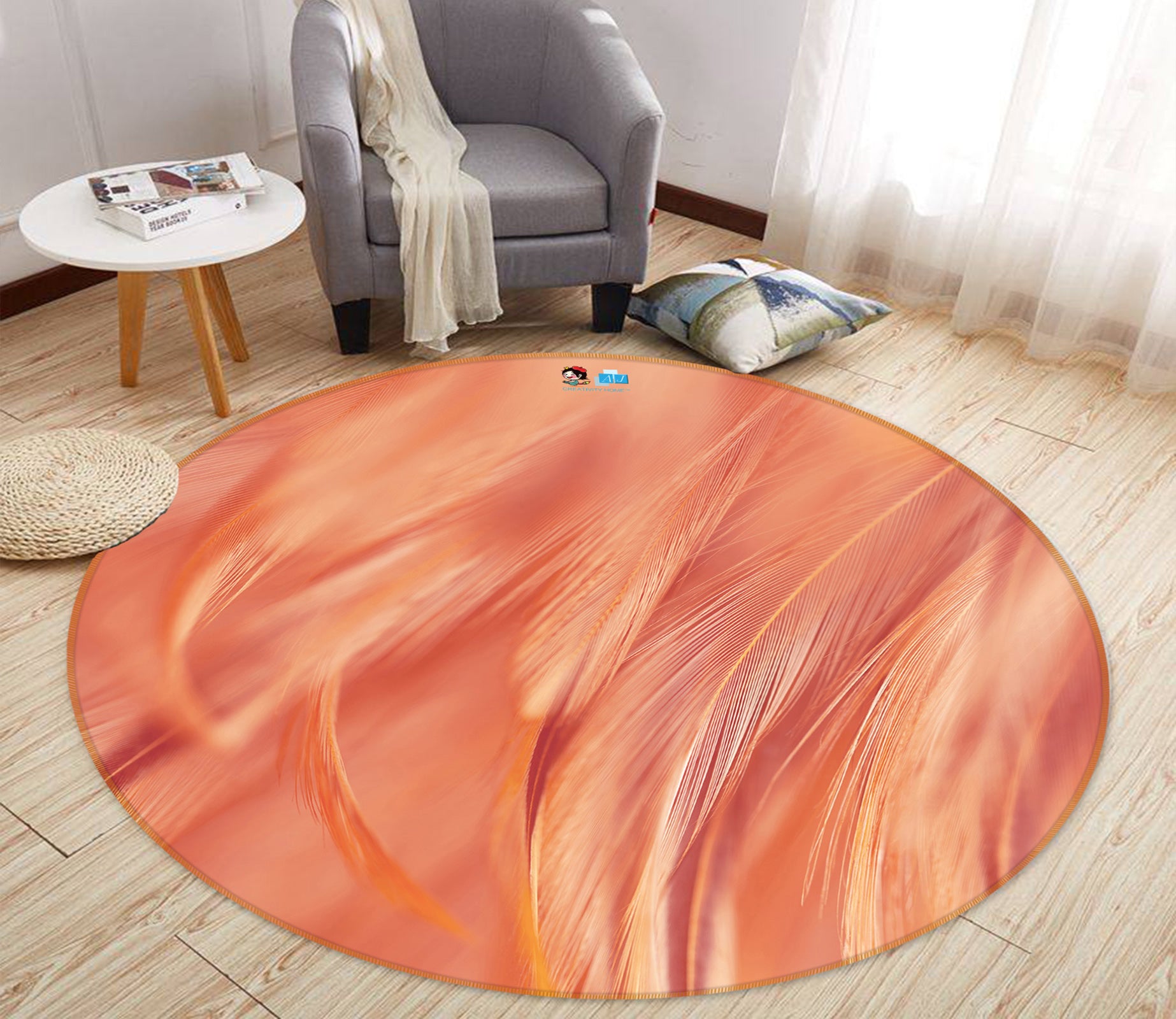 3D Orange Feather 81219 Round Non Slip Rug Mat