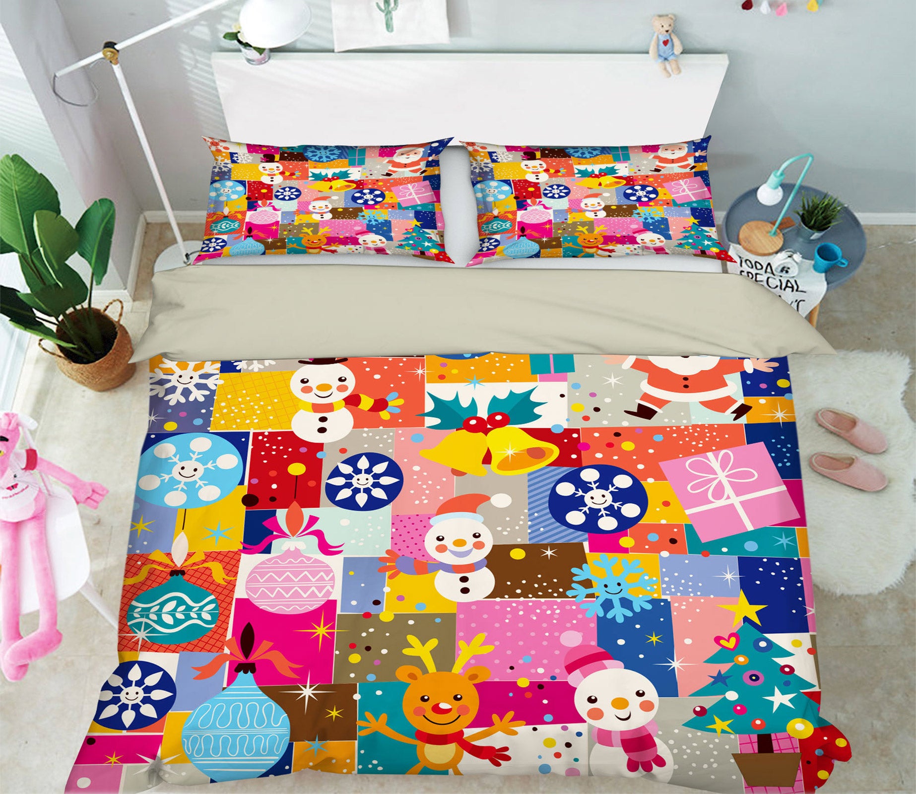 3D Snowman Snowflake Colored Square 50013 Christmas Quilt Duvet Cover Xmas Bed Pillowcases