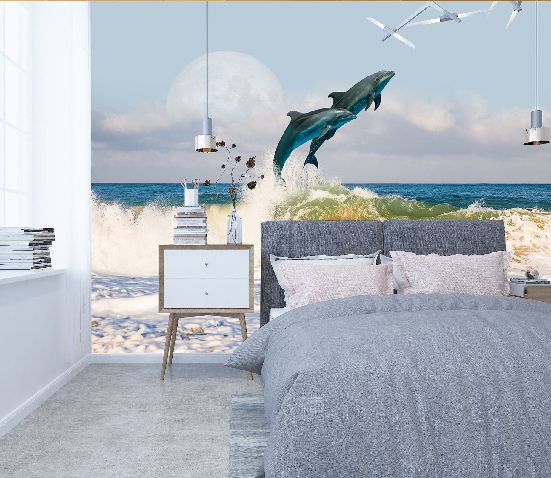 3D Moon Dolphin 237 Wall Murals Wallpaper AJ Wallpaper 2 