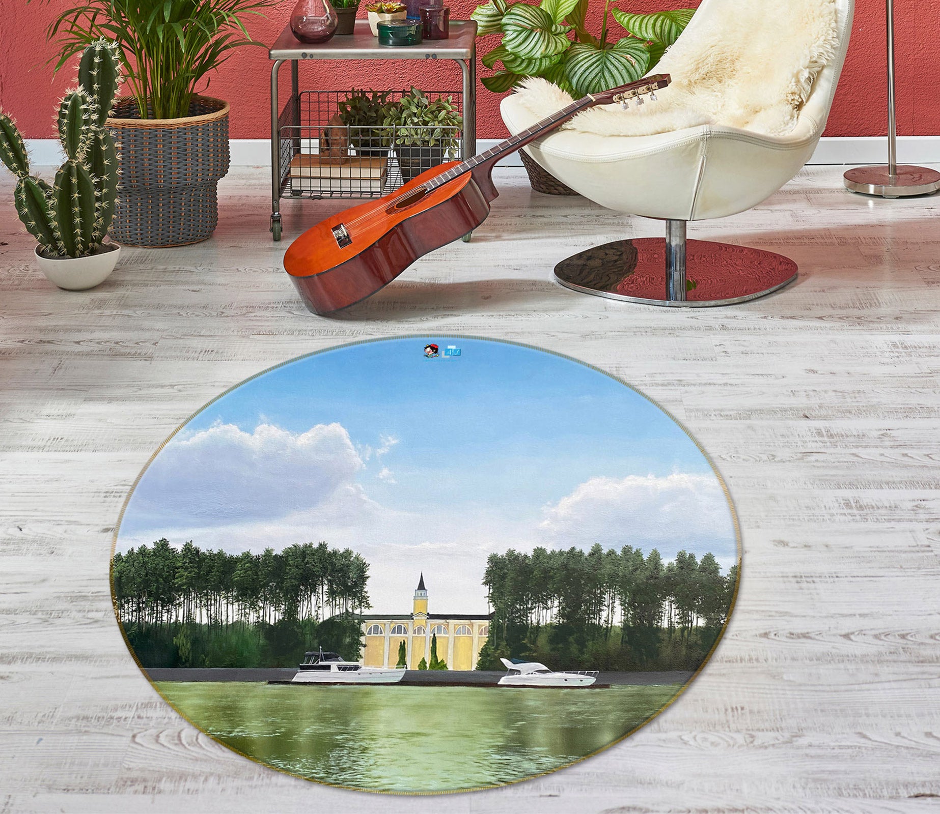 3D Lake Tree Building 9730 Marina Zotova Rug Round Non Slip Rug Mat