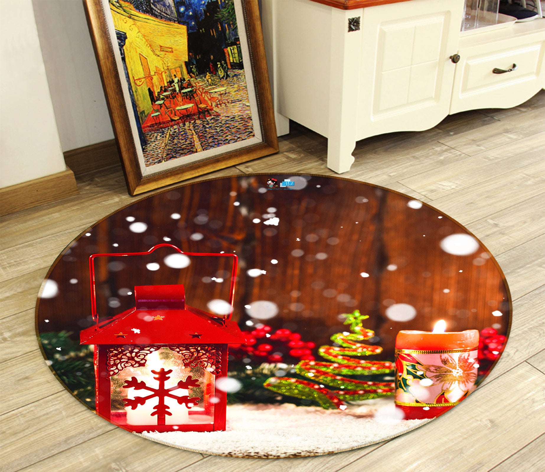 3D Snowflake Candle 54059 Christmas Round Non Slip Rug Mat Xmas