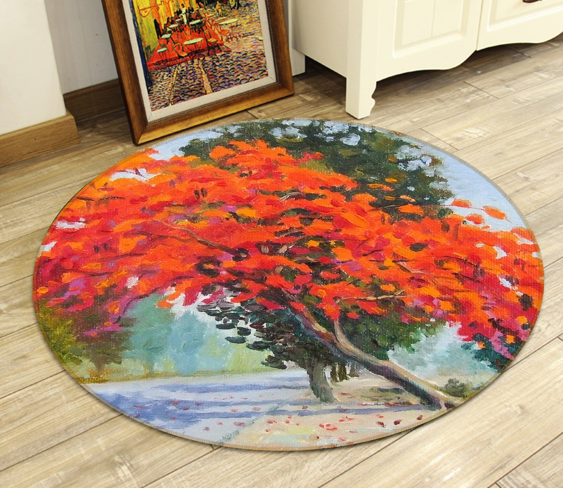 3D Red Leaf Tree 71228 Round Non Slip Rug Mat