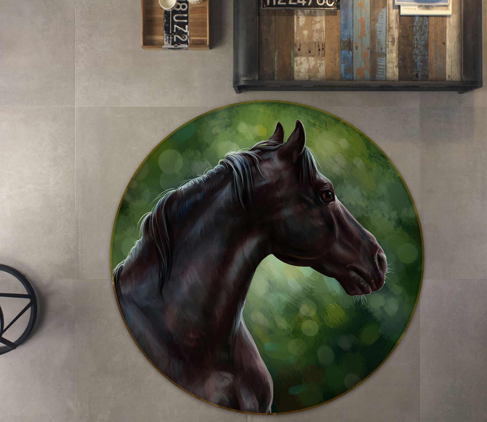 3D Black Horse 37163 Animal Round Non Slip Rug Mat
