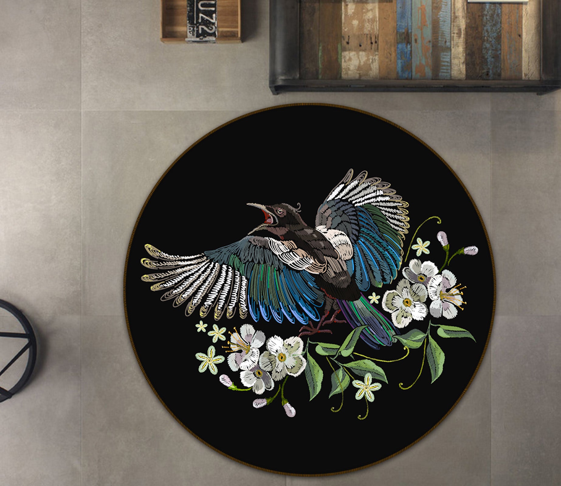 3D Bird Flowers 71180 Round Non Slip Rug Mat