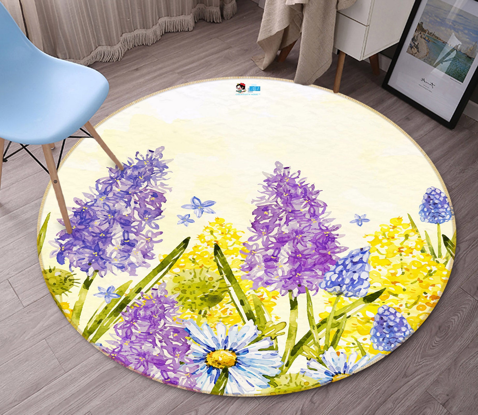 3D Purple Yellow Flowers 71284 Round Non Slip Rug Mat