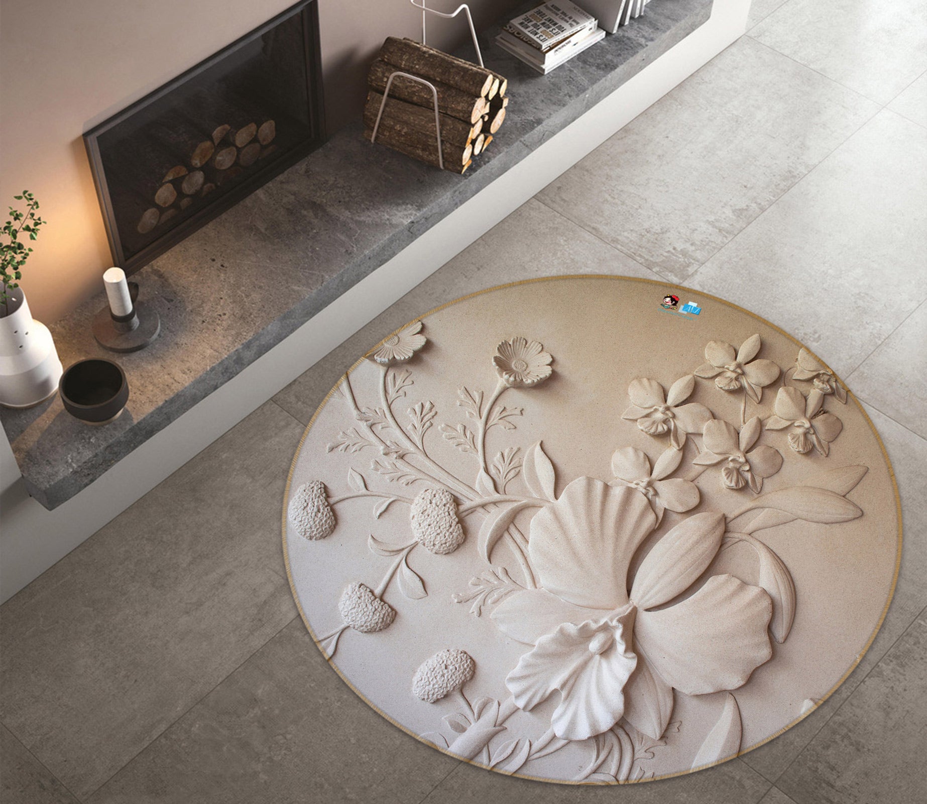 3D White Relief 72181 Round Non Slip Rug Mat