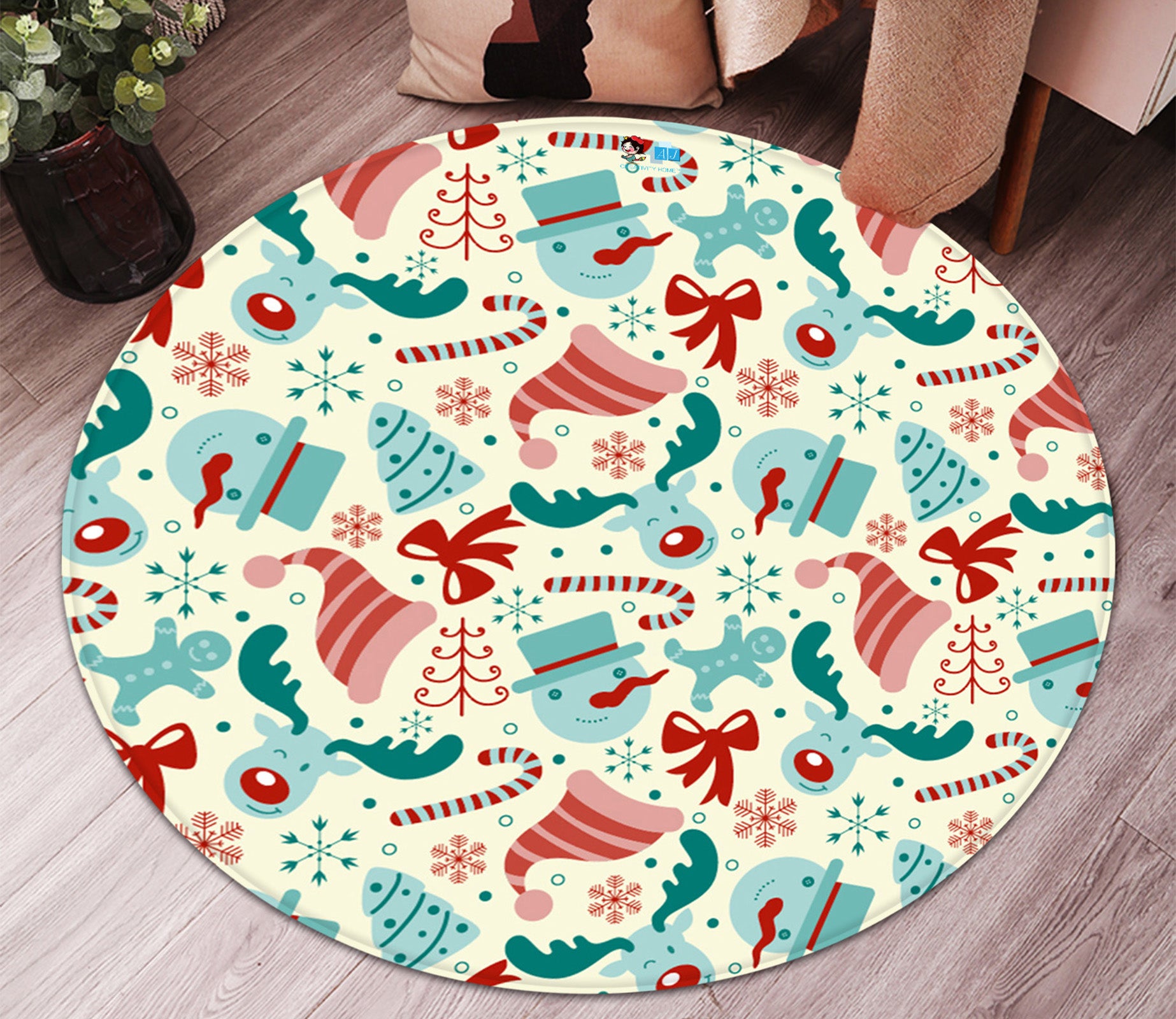 3D Hat Snowman Deer Bow 65226 Christmas Round Non Slip Rug Mat Xmas