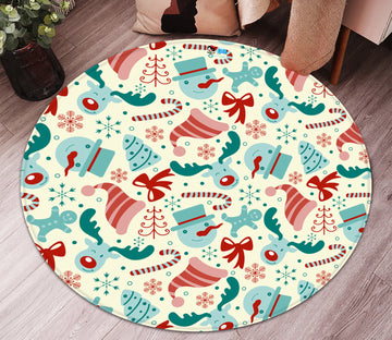 3D Hat Snowman Deer Bow 65226 Christmas Round Non Slip Rug Mat Xmas