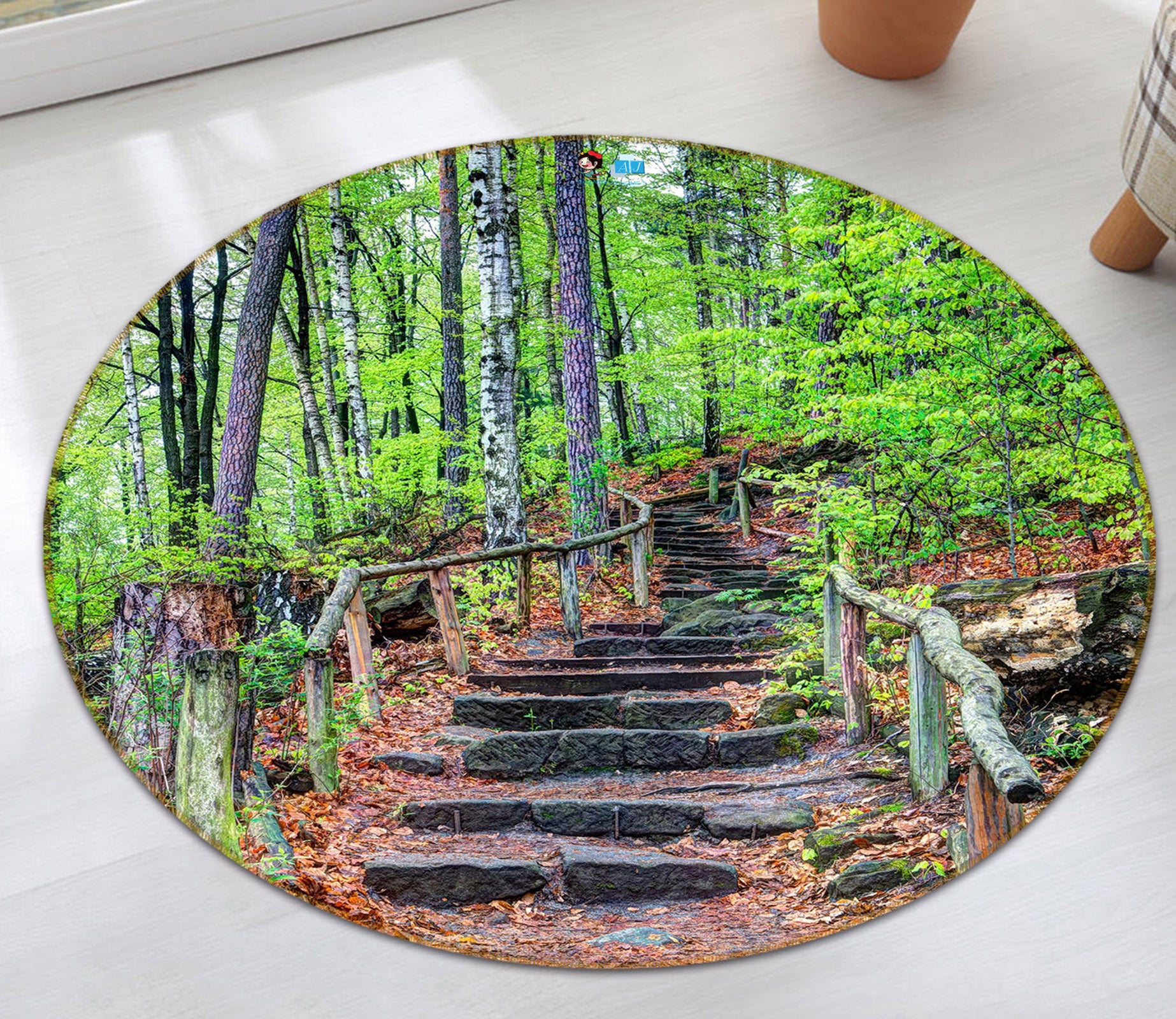 3D Wood Stairs 72085 Round Non Slip Rug Mat