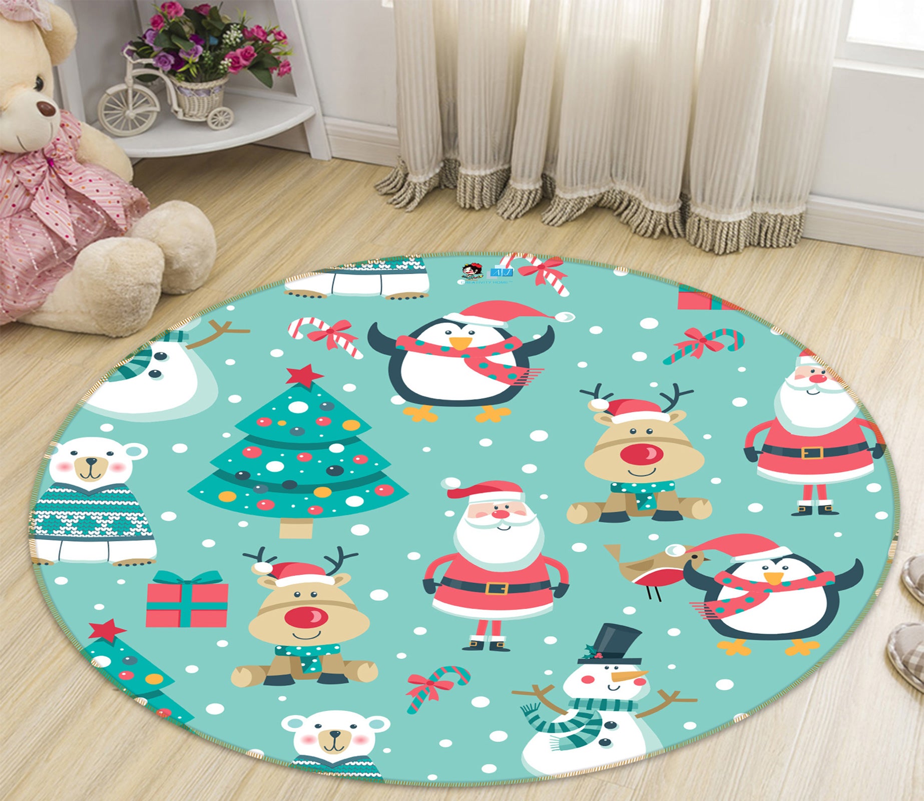 3D Santa Deer Tree 54069 Christmas Round Non Slip Rug Mat Xmas
