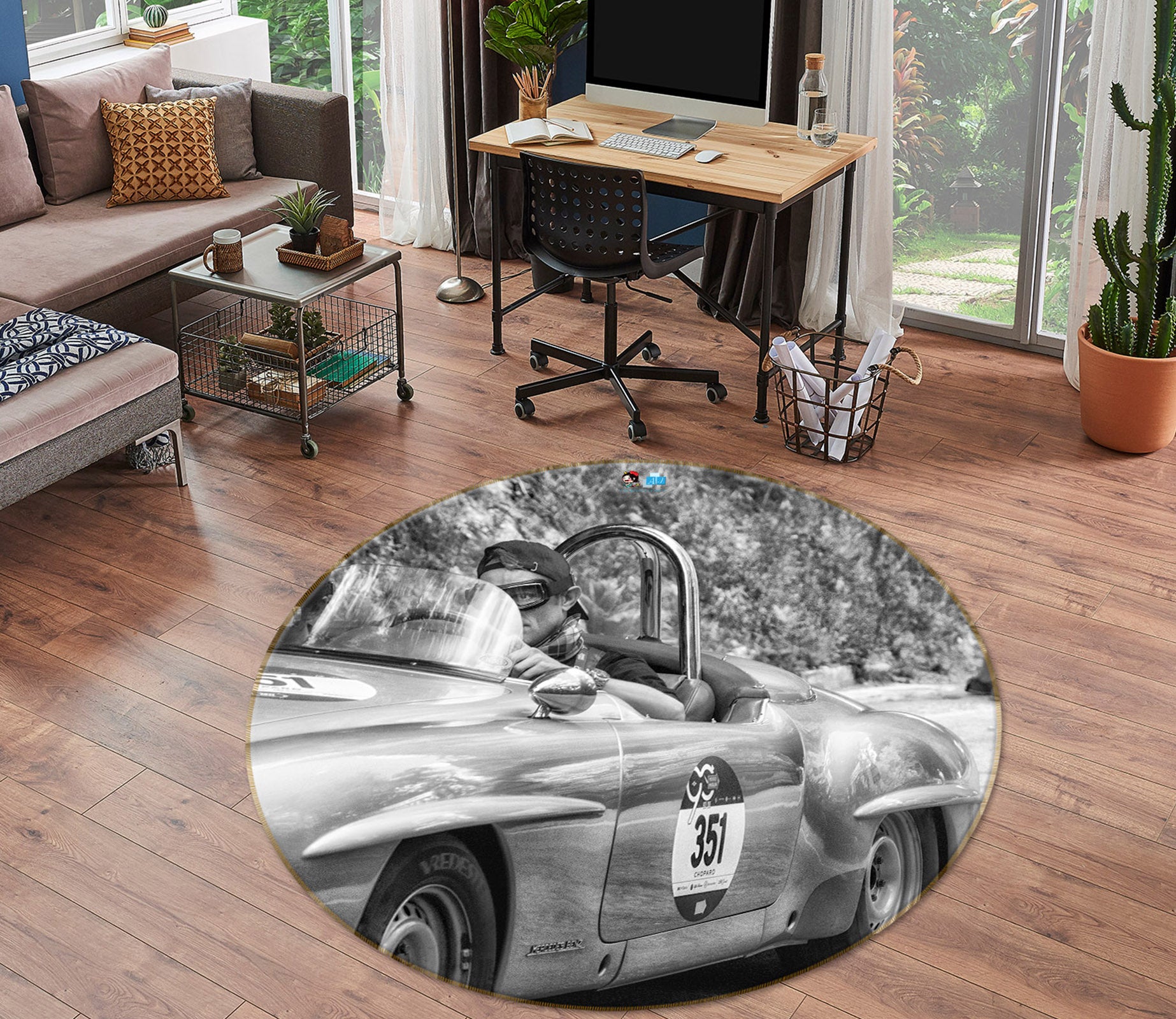 3D Black White Sports Car 74192 Round Non Slip Rug Mat