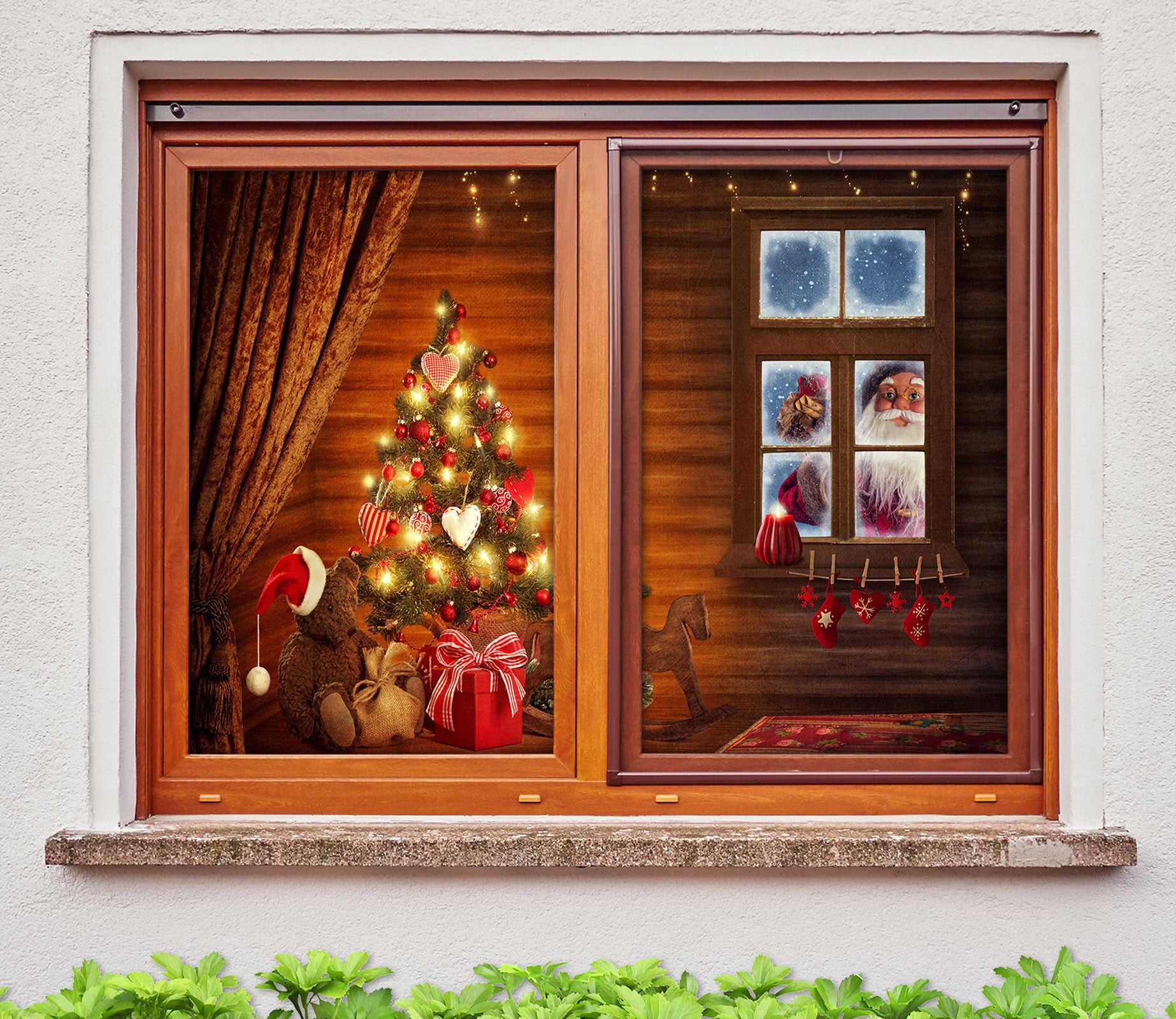 3D Wooden House Santa 42167 Christmas Window Film Print Sticker Cling Stained Glass Xmas