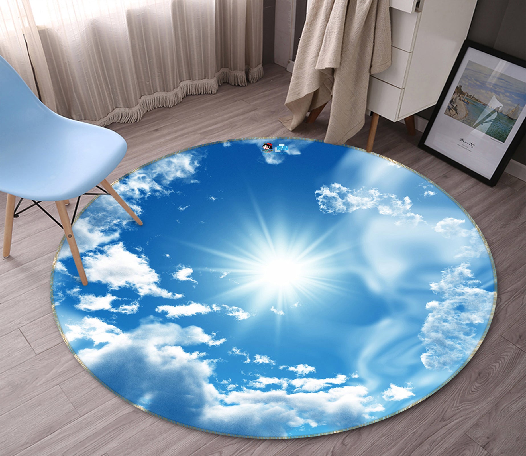 3D Blue Sky White Clouds 72276 Round Non Slip Rug Mat