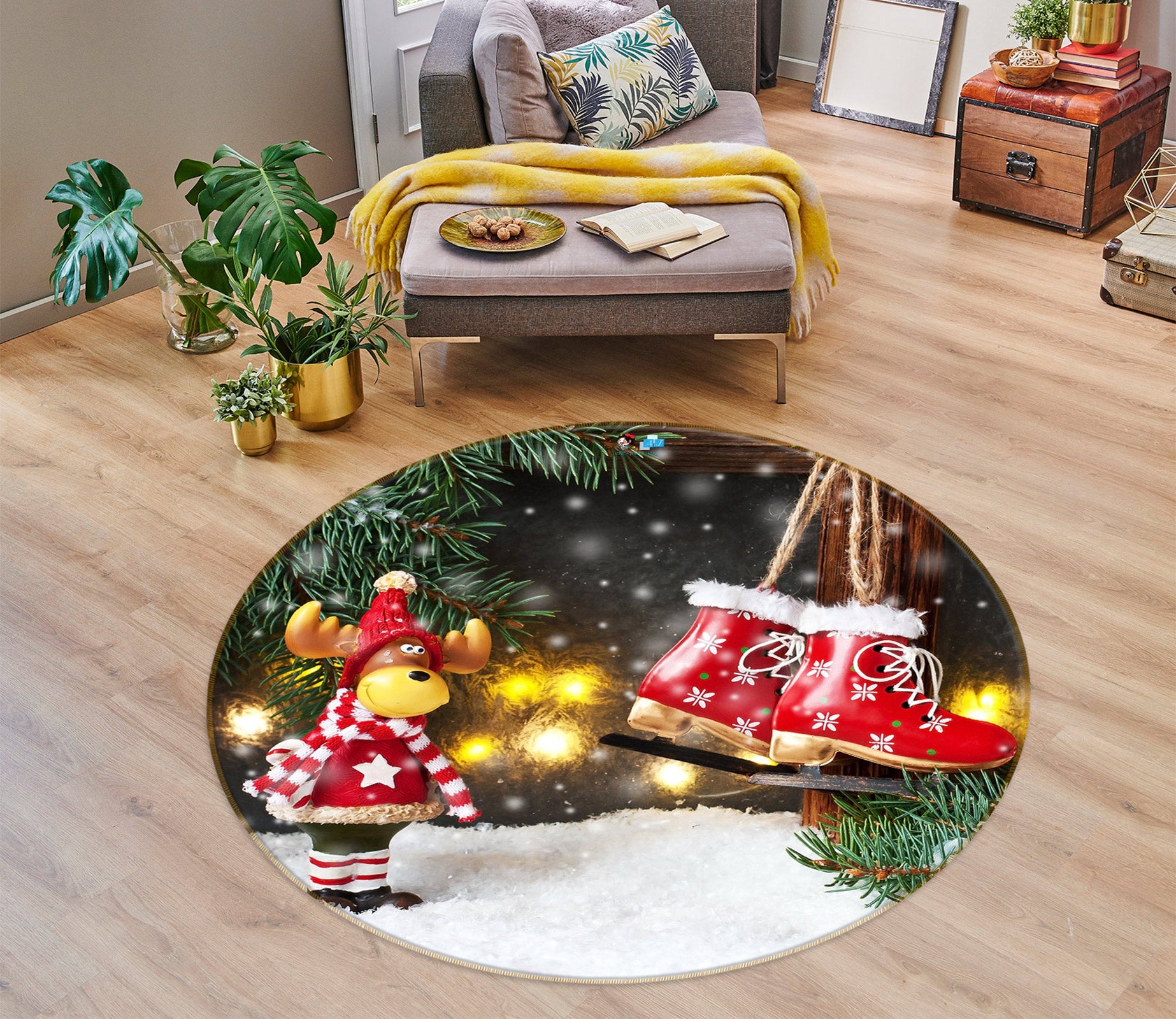 3D Snowshoe Deer 54101 Christmas Round Non Slip Rug Mat Xmas