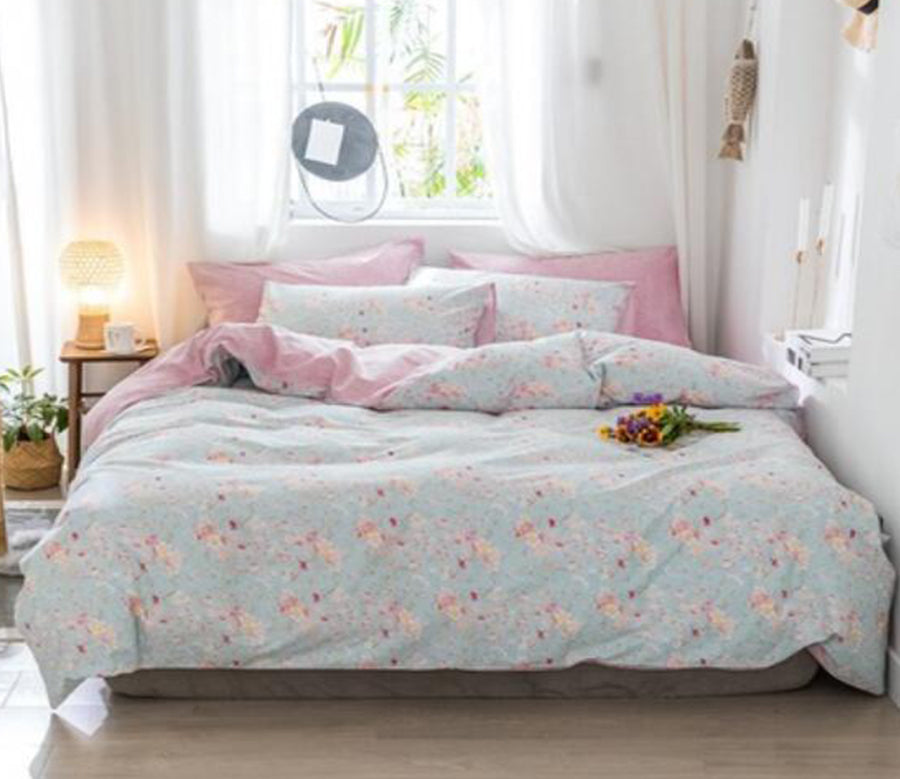 3D Light Blue Pink Floral 14077 Bed Pillowcases Quilt