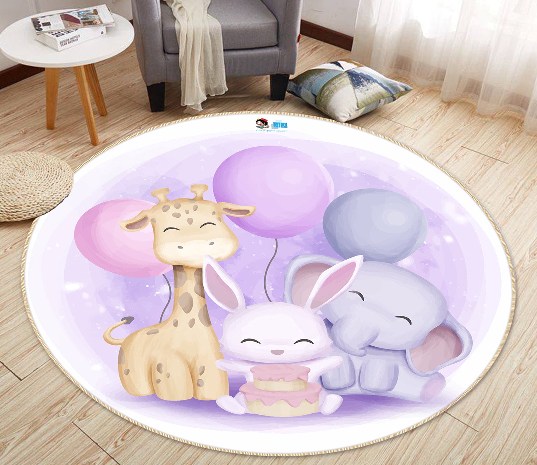3D Balloon Giraffe Rabbit Elephant 74293 Round Non Slip Rug Mat
