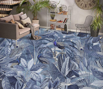 3D Blue Peacock Leaves Grove 10036 Andrea Haase Floor Mural