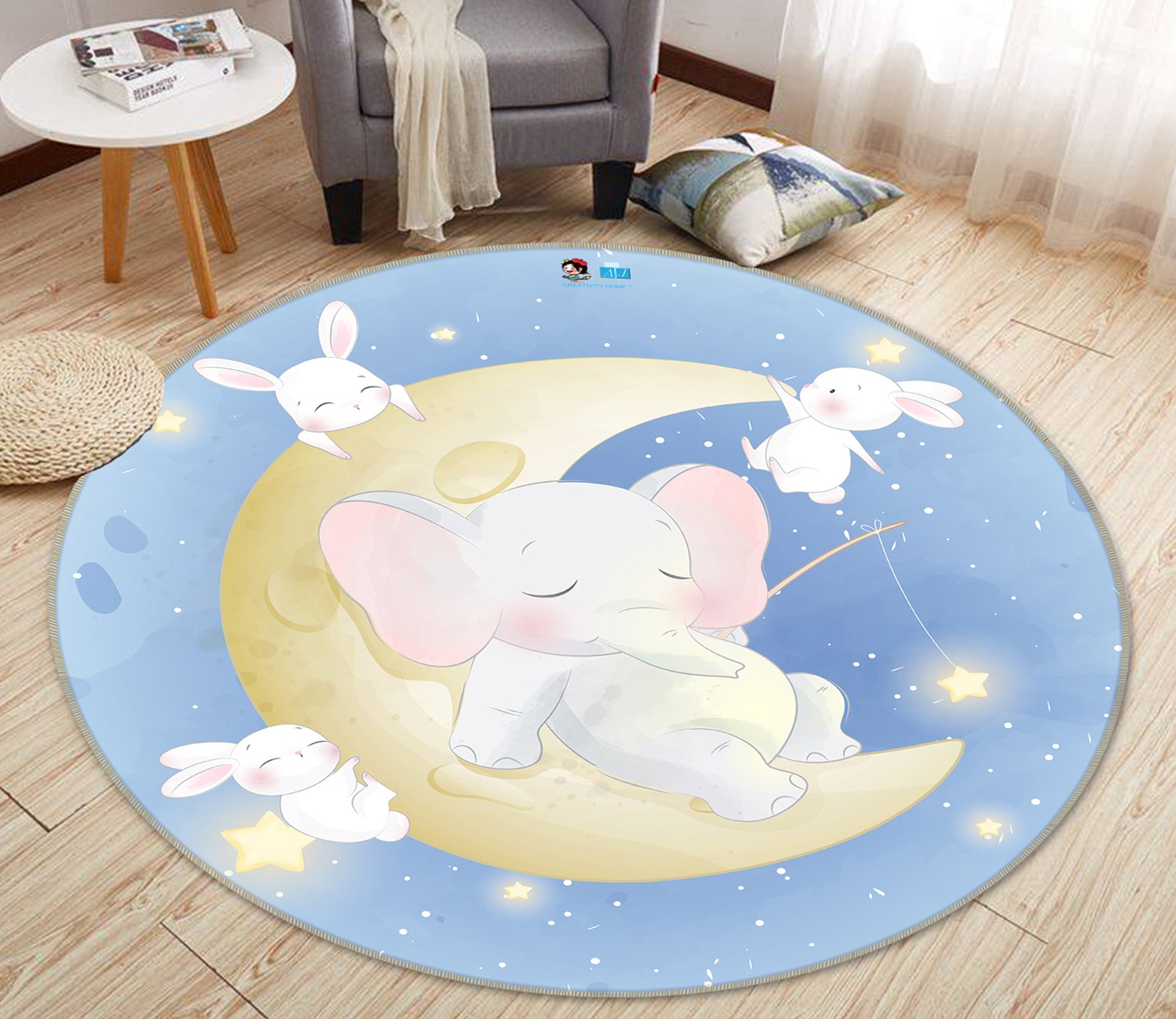 3D Moon Elephant 75025 Round Non Slip Rug Mat