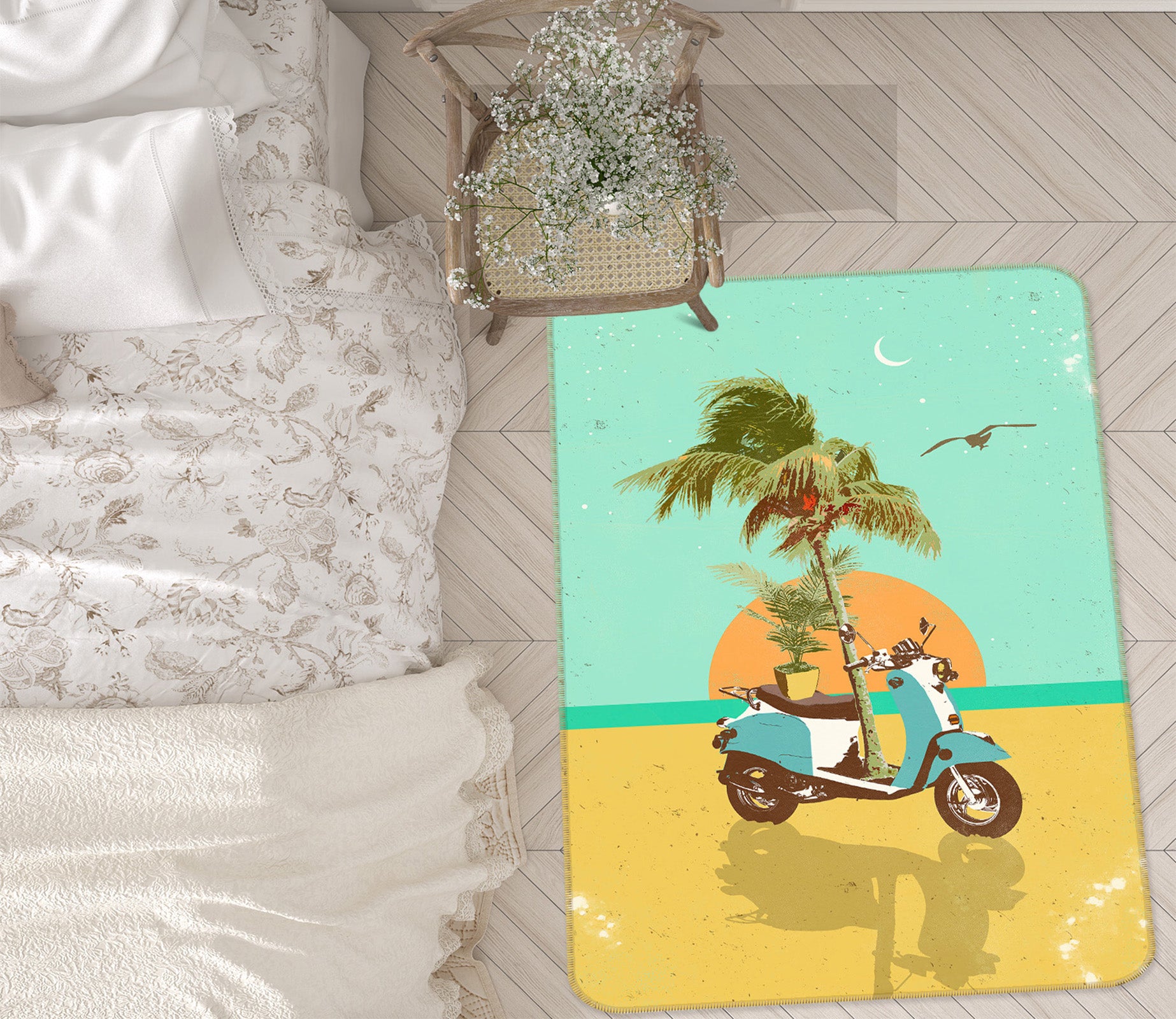 3D Coconut Tree Sunrise Motorcycle 84105 Showdeer Rug Non Slip Rug Mat