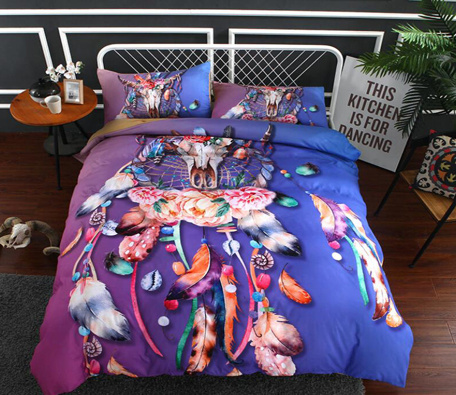 3D Purple Deer Head Feather 1090 Bed Pillowcases Quilt