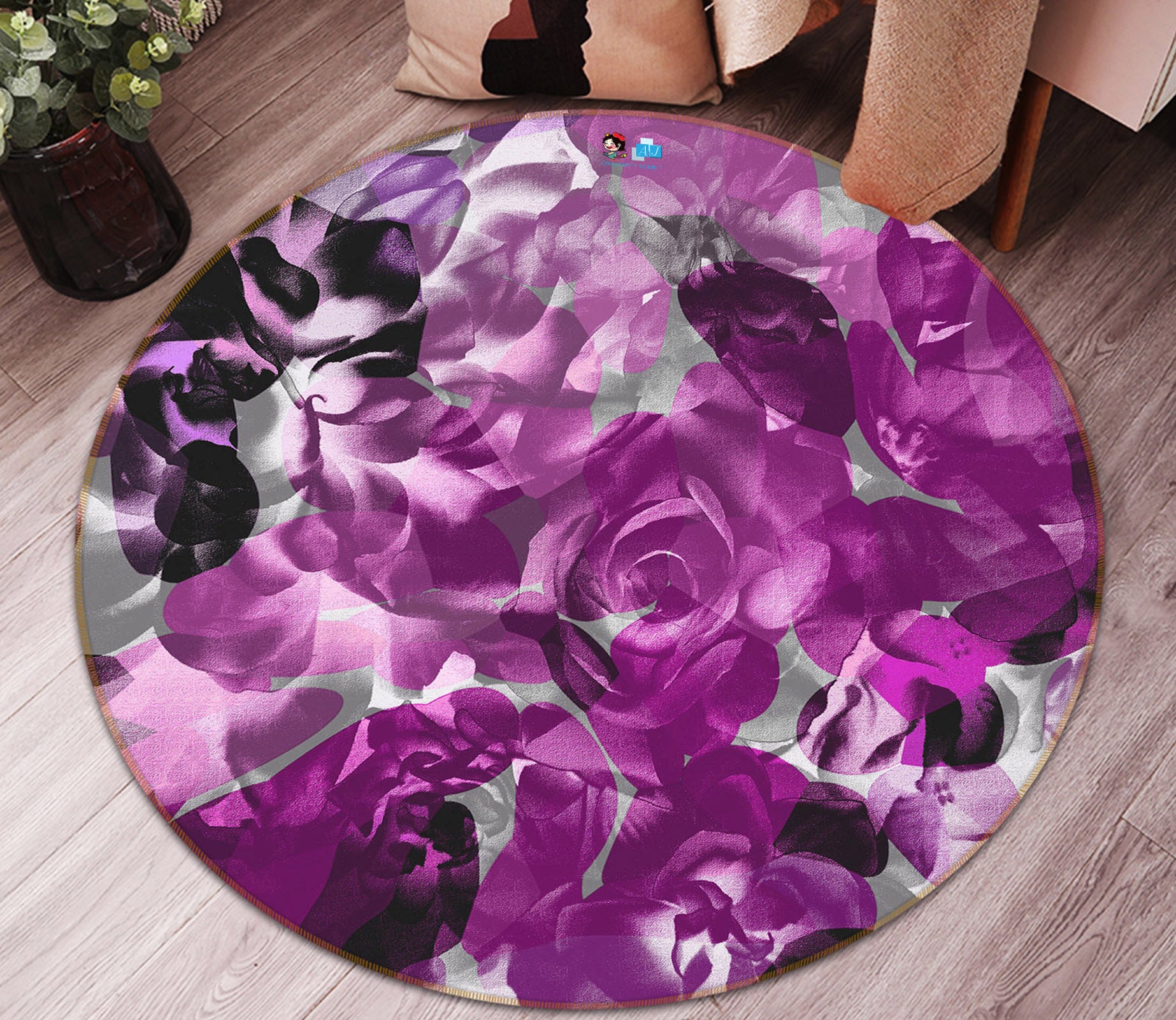 3D Purple Flowers 19196 Shandra Smith Rug Round Non Slip Rug Mat
