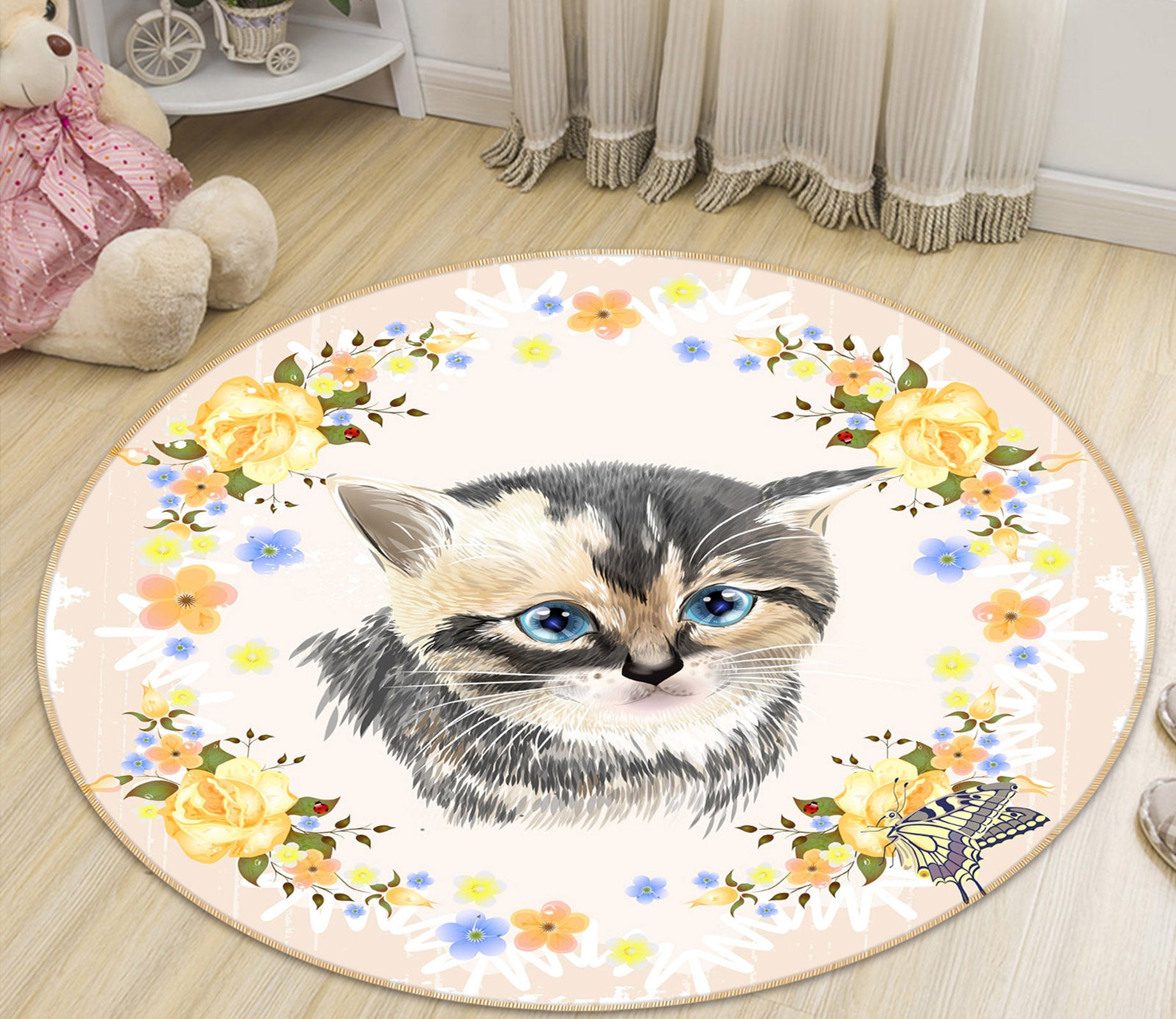 3D Cat Yellow Flower 29046 Round Non Slip Rug Mat
