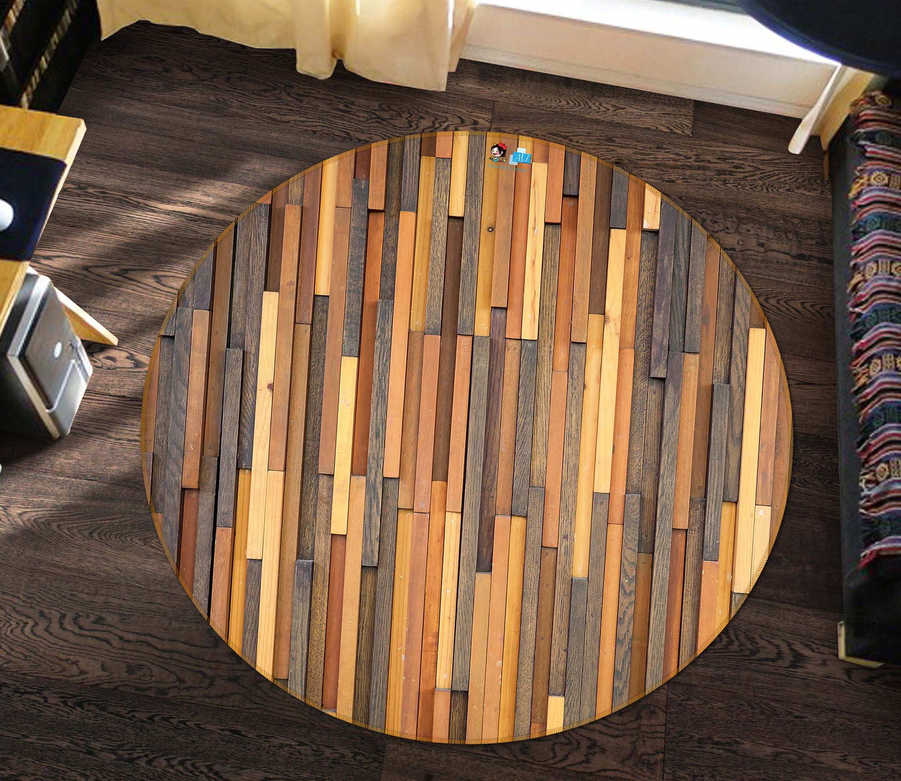 3D Wood Grain 72090 Round Non Slip Rug Mat