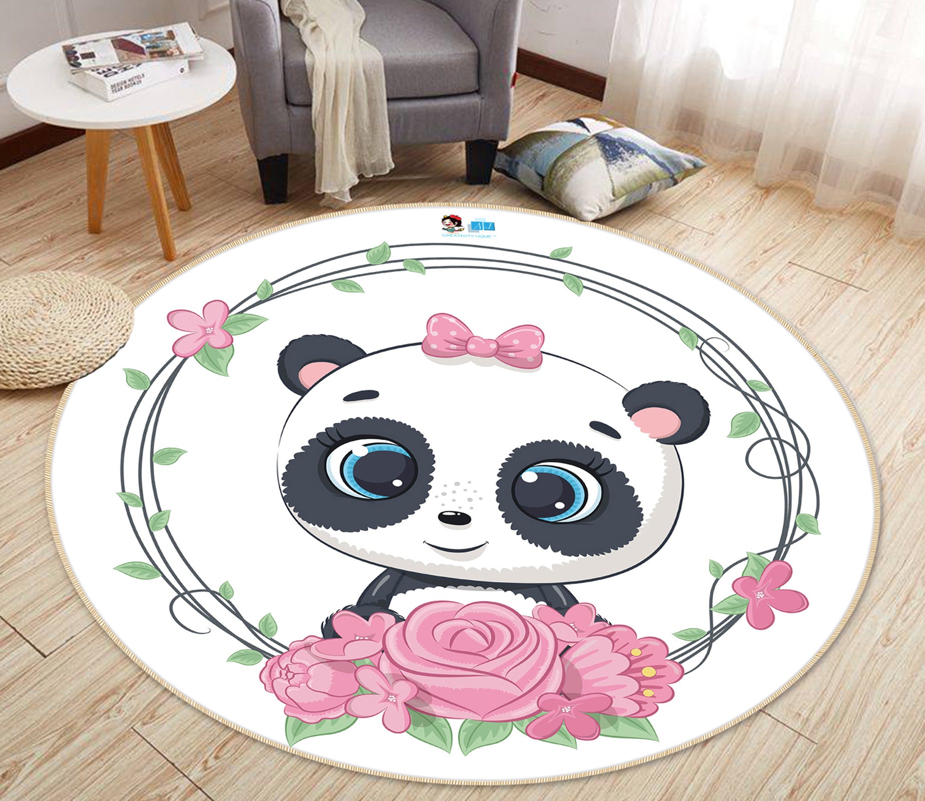 3D Pink Flower Panda 75004 Round Non Slip Rug Mat