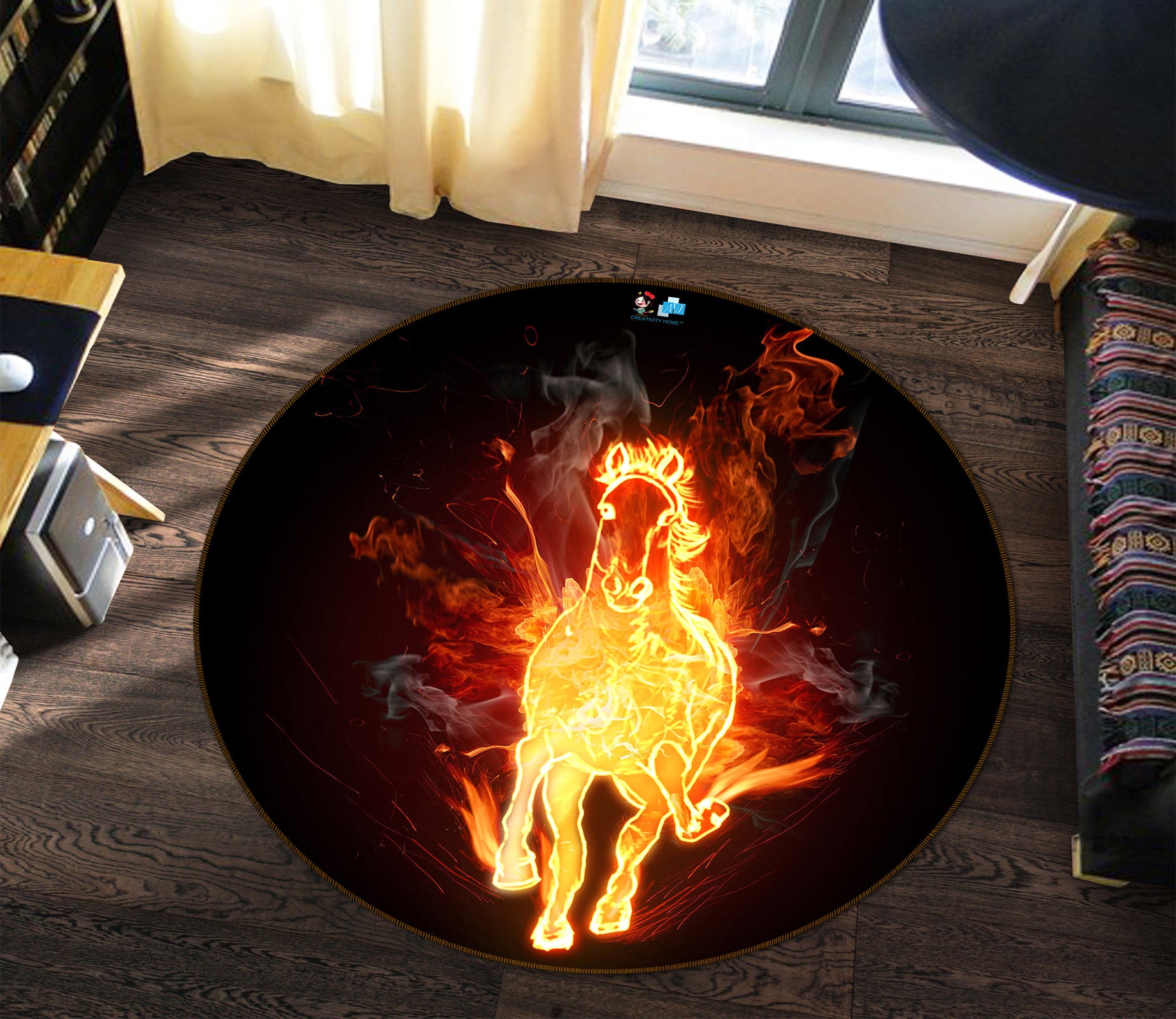 3D Flame Horse 72234 Round Non Slip Rug Mat